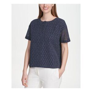 DKNY Navy Blue Crochet Polka Dot Cotton Short Sleeve Top